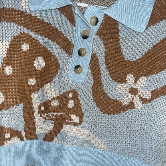 Derek Heart Blue Mushroom Button Pullover Retro Cropped Sweater Size Small - Picture 3 of 7